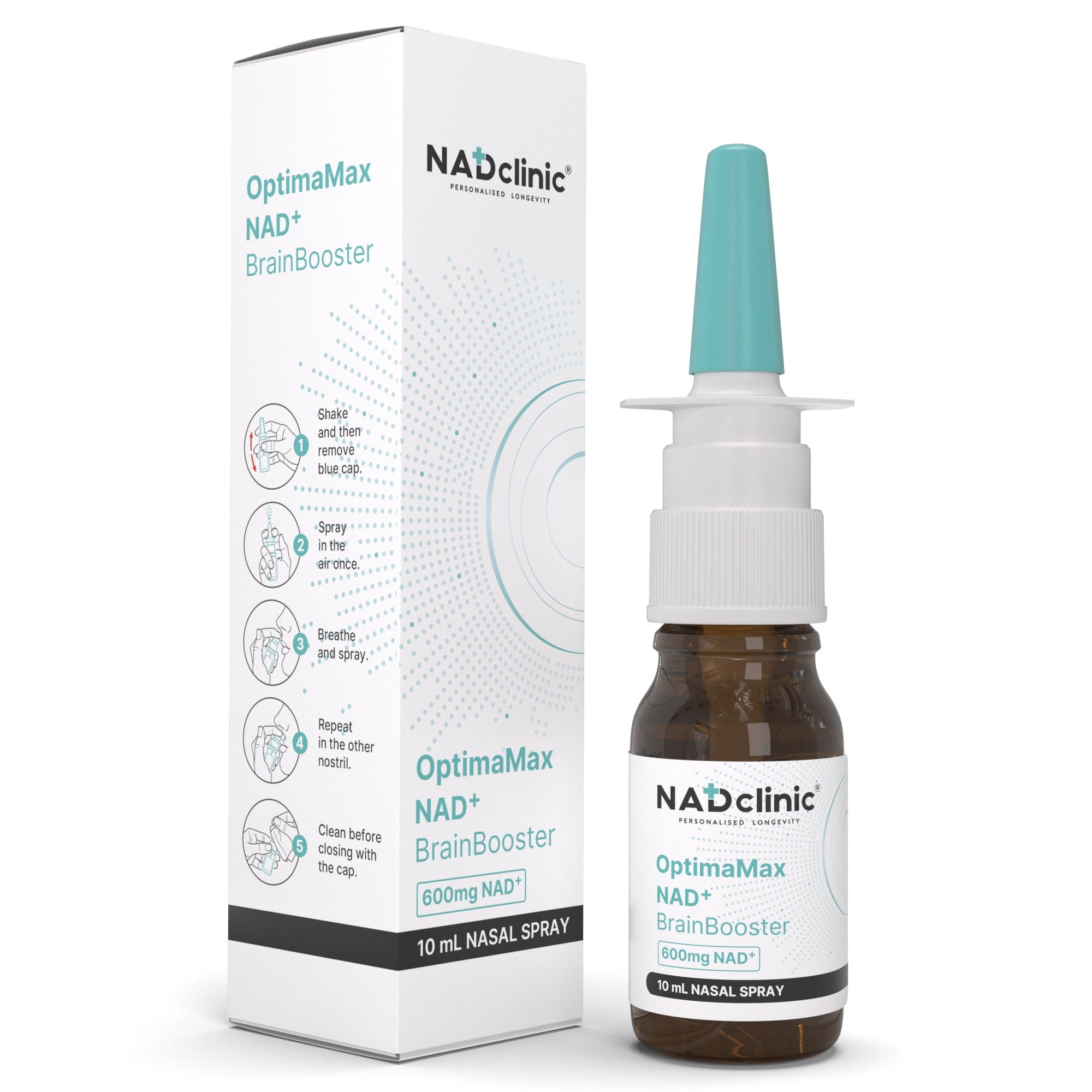 A product image showing Optima Max – NAD+ BrainBooster, a nasal spray bottle with a blue cap and a packaging box with product information.