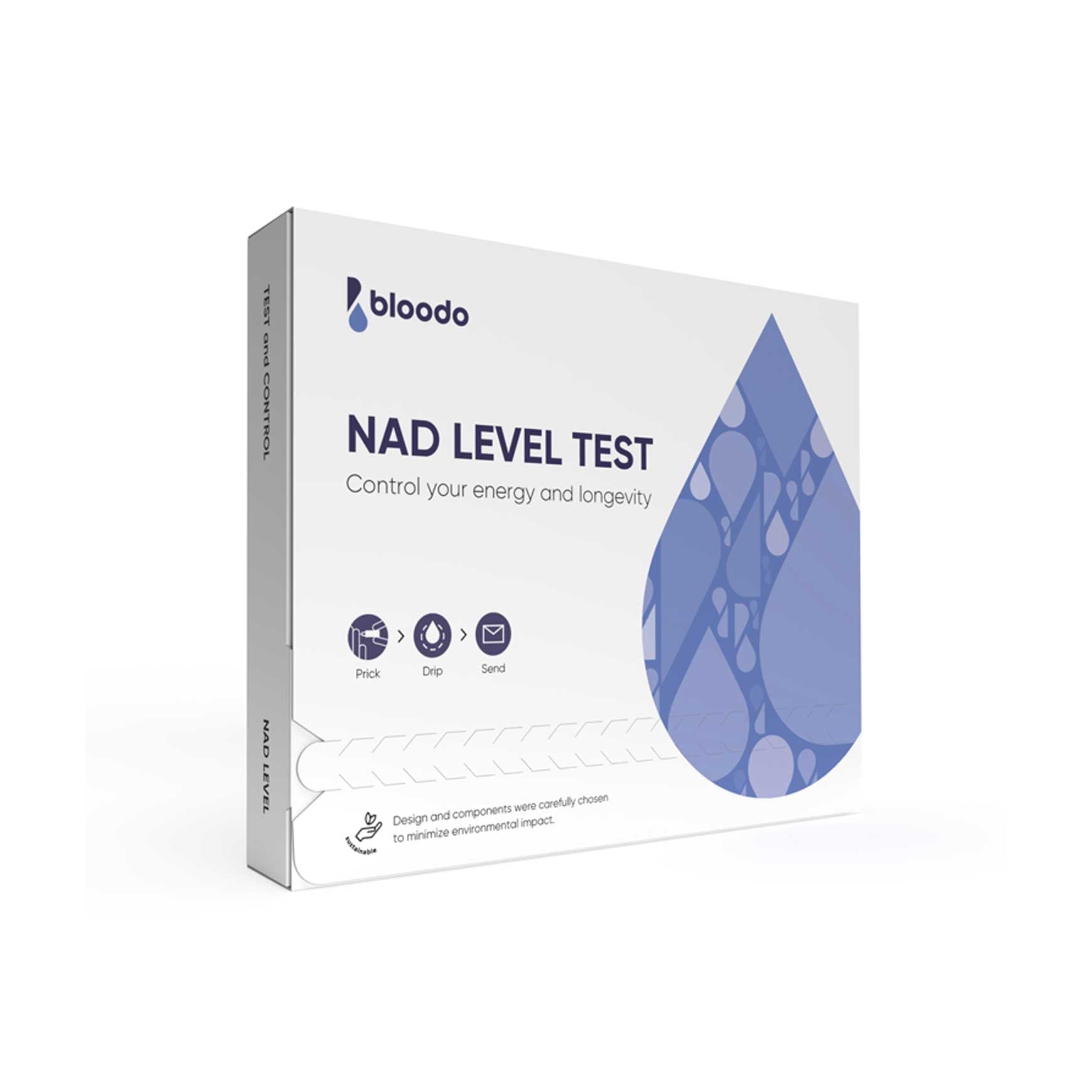 Packaging for NAD+ Levels Test Kit by Biodeo, featuring a white box with a blue droplet logo and text.